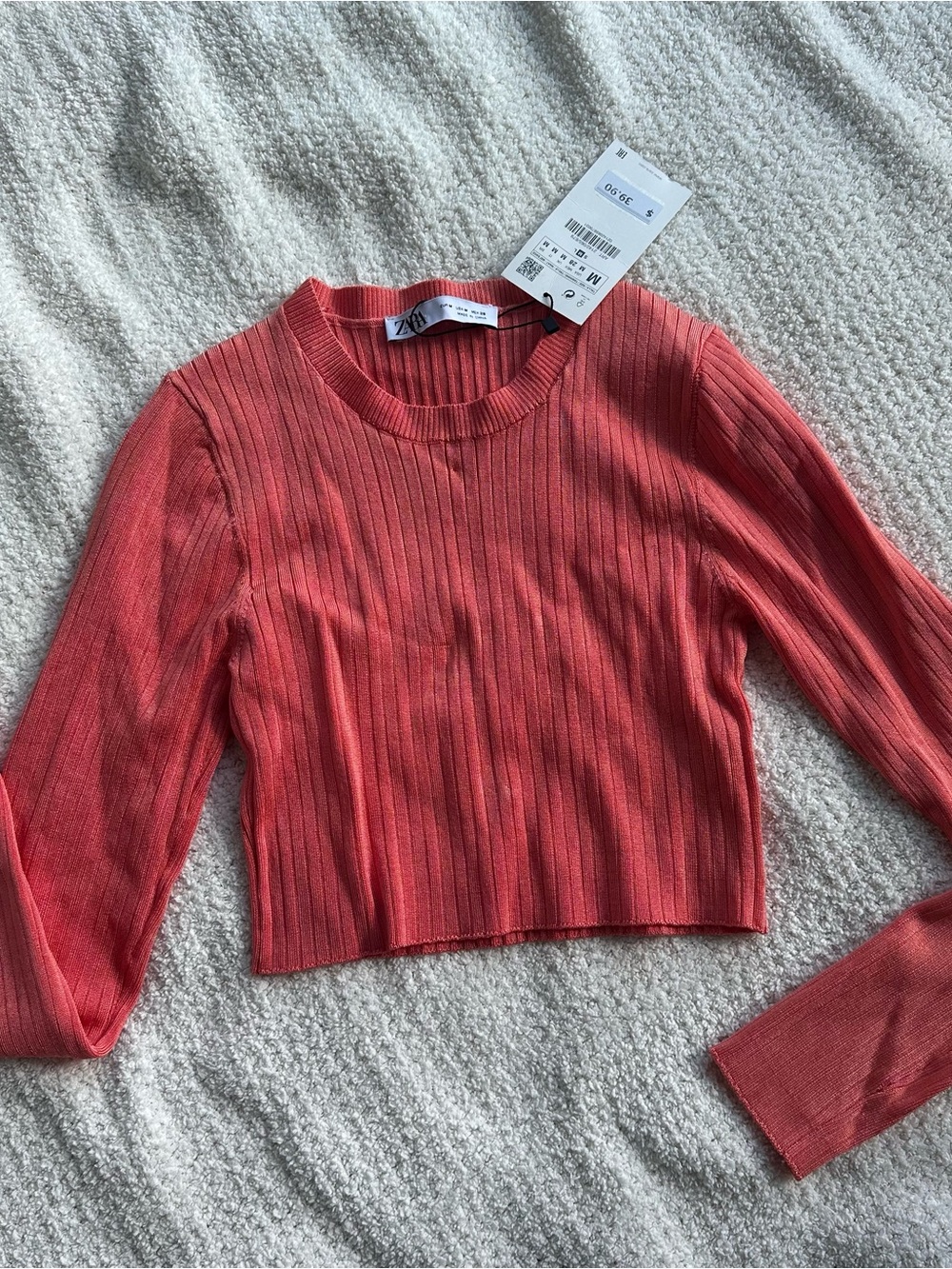Zara Coral Ribbed Long-Sleeve Crop Top